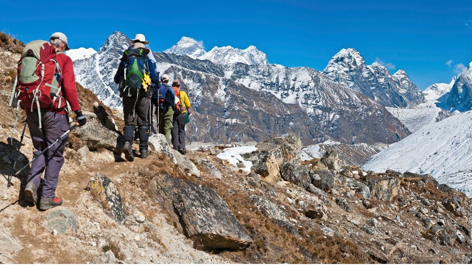 Trekkers on the rocky trail to Everest Base Camp below Himalayan peaks