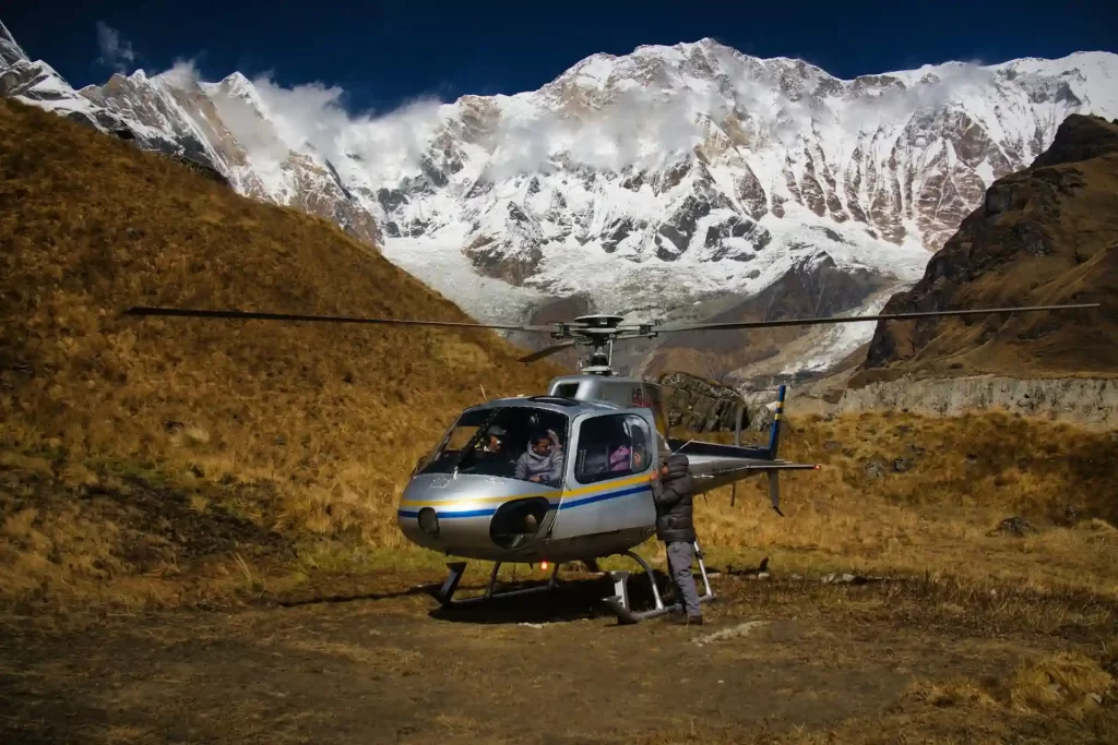annapurna base camp helicopter boarding by tourists