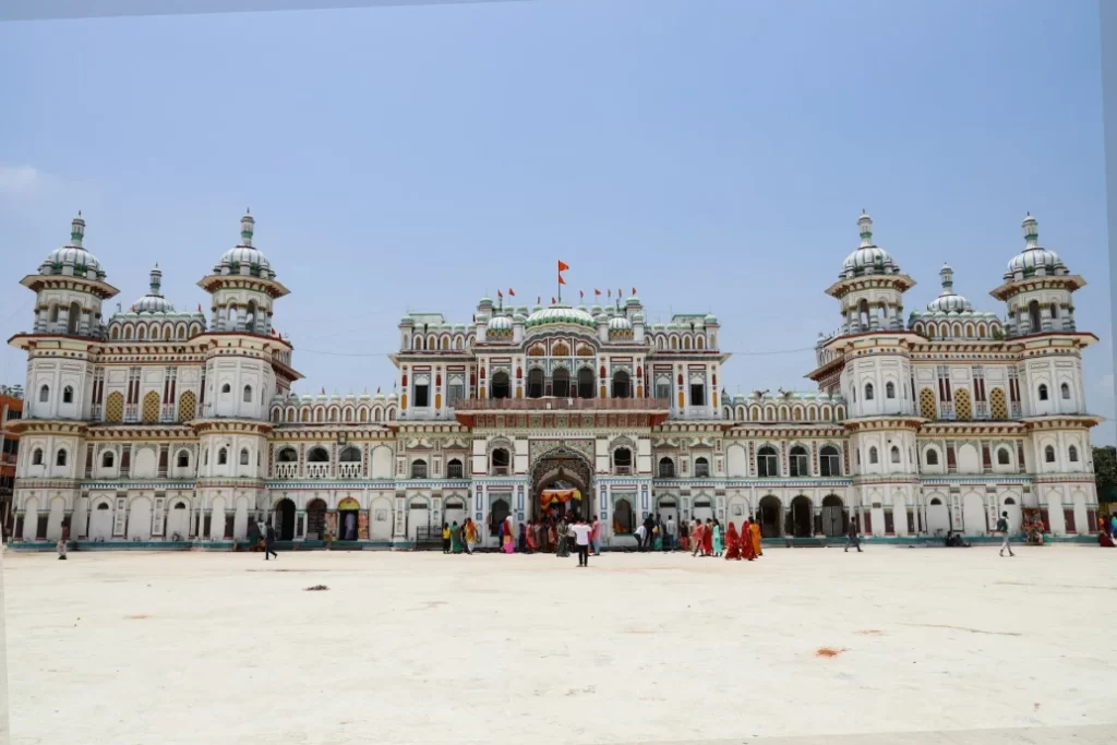 Janaki Mandir full view image from front in bright day with people walking around it
