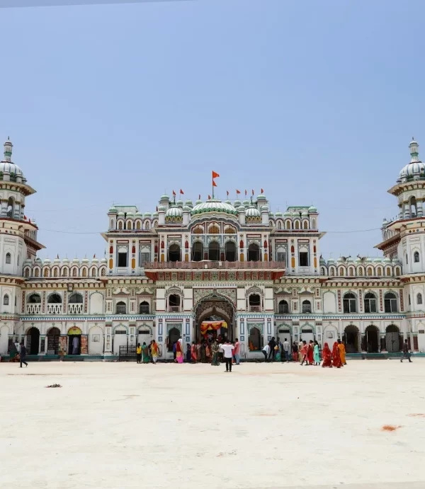 Janaki Mandir full view image from front in bright day with people walking around it