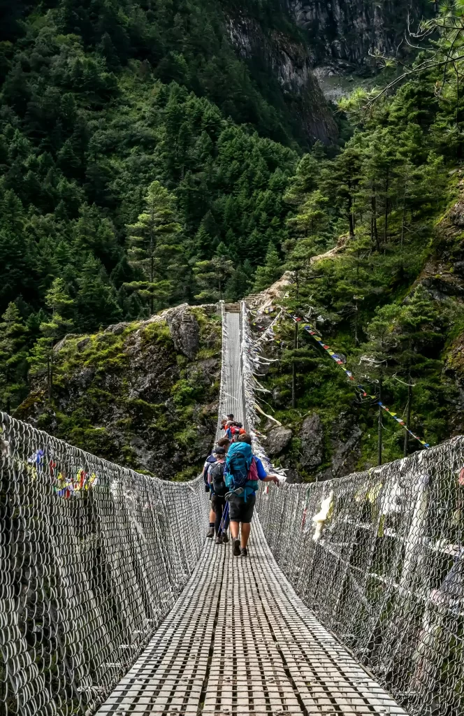 crossing suspension bride in everest region