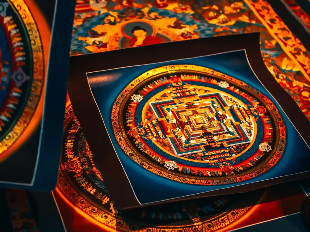 Intricate Thangka painting with detailed Buddhist motifs and sacred symbols