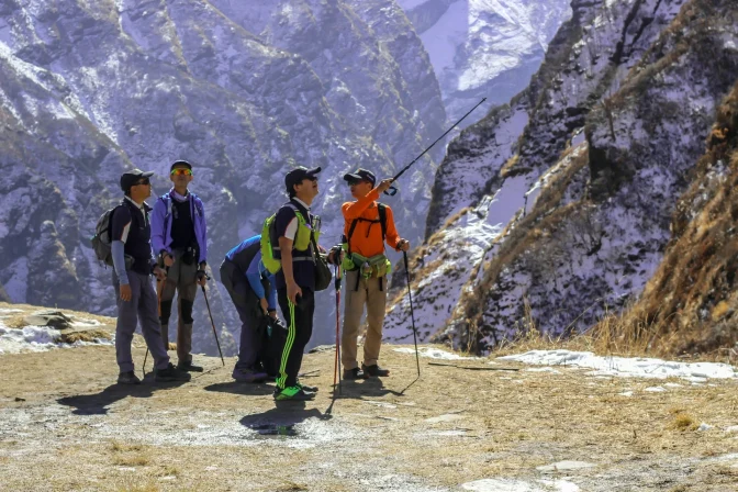 4 Men Trekkers walking and traveling in the Annapurna Region of Nepal